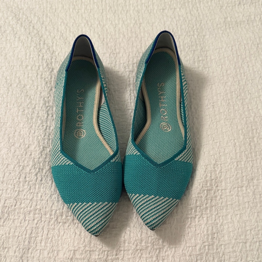 Rothy's Aqua and White Striped Flats